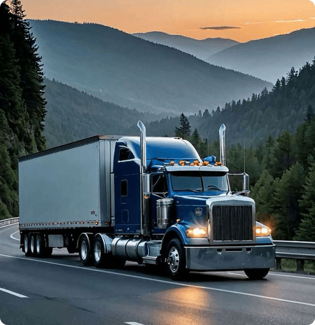 Red trucks on wet highway
