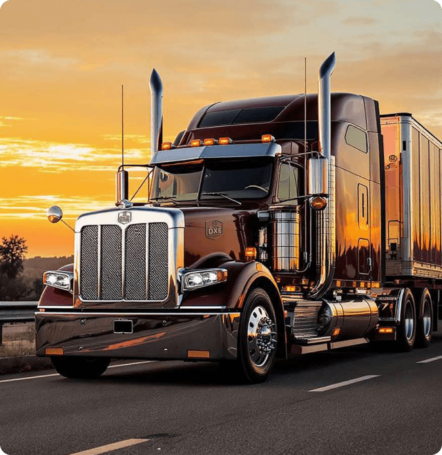 Red truck on sunny road at sunset